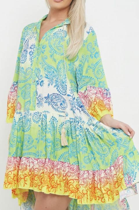 Patsy Paisley Print Smock Dress Aqua