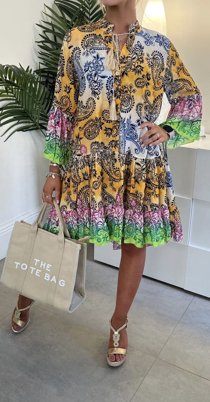 Patsy Paisley Print Smock Dress Yellow