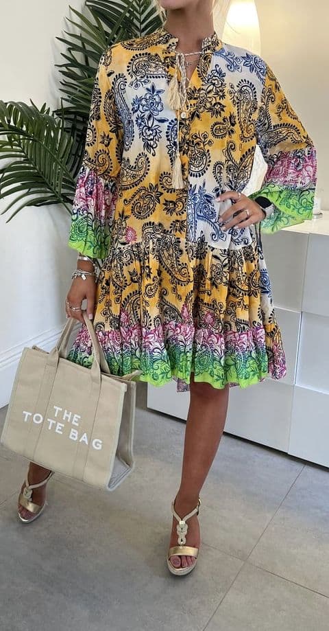 Patsy Paisley Print Smock Dress Yellow