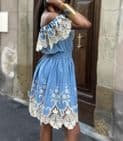 Phi Phi Embroidered Bardot Dress Denim Blue