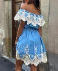 Phi Phi Embroidered Bardot Dress Denim Blue