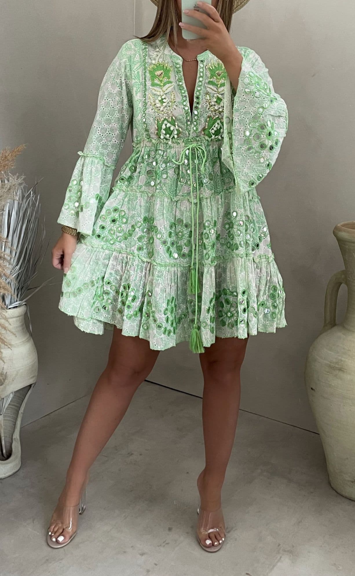 Priya Embellished Tunic Dress Neon Green