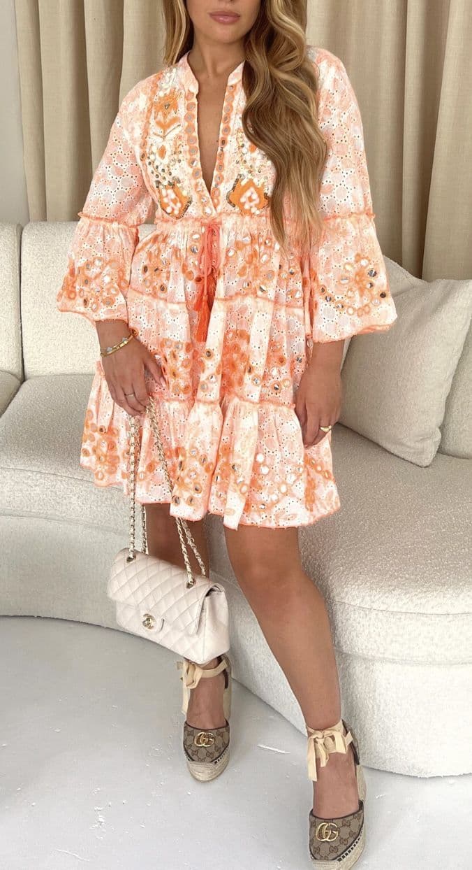 strapless open back dress Arlowe Tied Shoulder Tiered Midi Dress Floral Orange main image 0