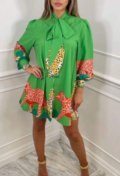 RAYA LEOPARD PUSSY BOW TUNIC BLOUSE GREEN