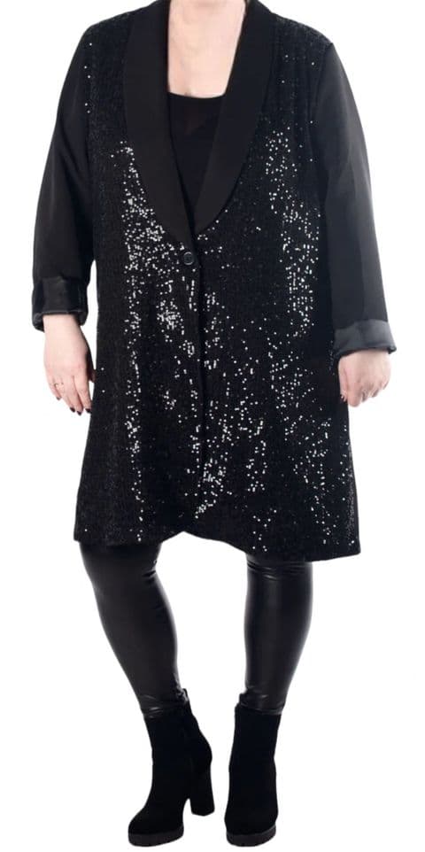 Ria Curvy Sequin Longline Blazer Black