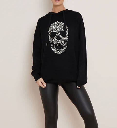 Roxi Diamante Jewelled Skull Hoodie Black
