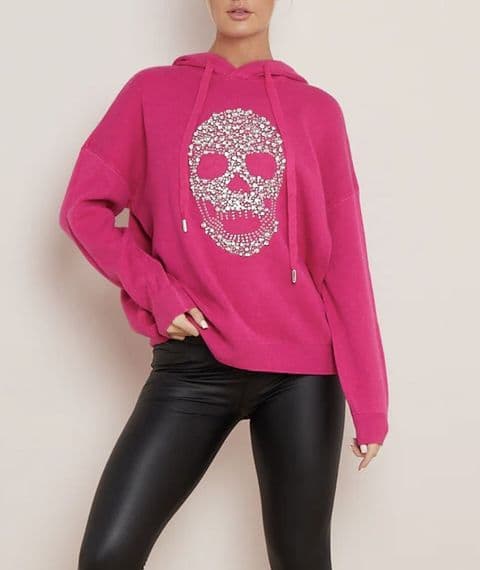 Roxi Diamante Jewelled Skull Hoodie Fushia Pink