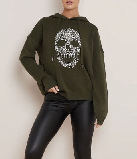 Roxi Diamante Jewelled Skull Hoodie Khaki