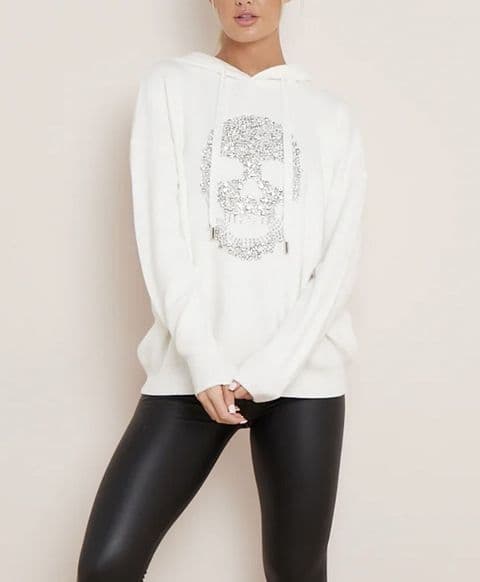 Roxi Diamante Jewelled Skull Hoodie White