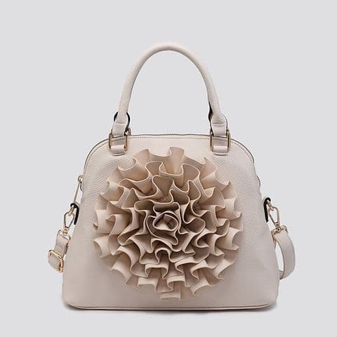 Ruffle Rose Flower Handbag Beige