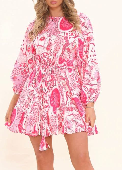 SANTORINI BELTED PRINTED ROPE TUNIC DRESS PINK