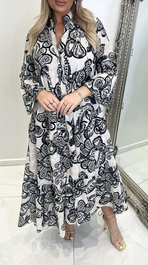 Sassari Embroidery Anglais Printed Laser Cut Dress Black