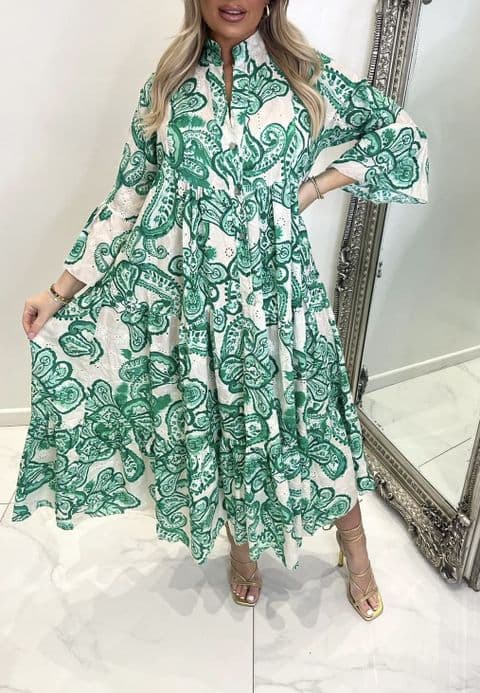 Sassari Embroidery Anglais Printed Laser Cut Dress Green