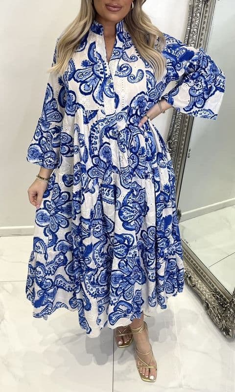 Sassari Embroidery Anglais Printed Laser Cut Dress Royal Blue