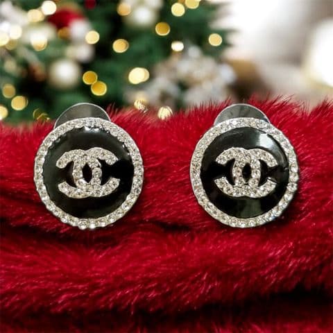 Silver & Black Diamanté Designer Inspired CC Earrings