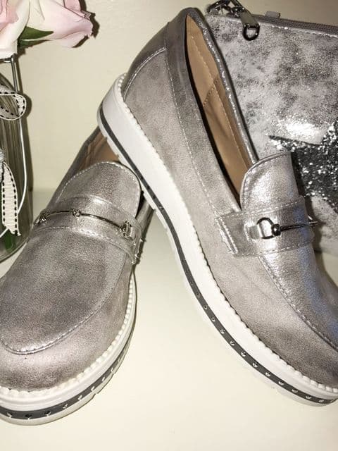Silver Metallic Effect Buckle Loafers