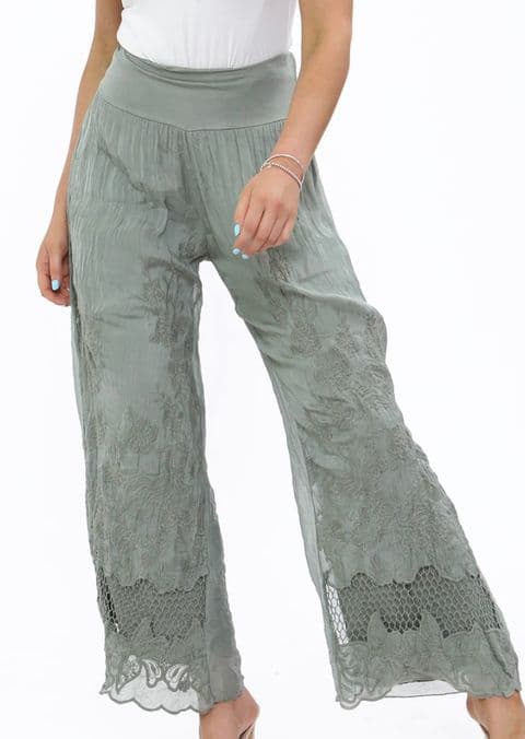 Sophena Embroidered Silk Trousers Khaki