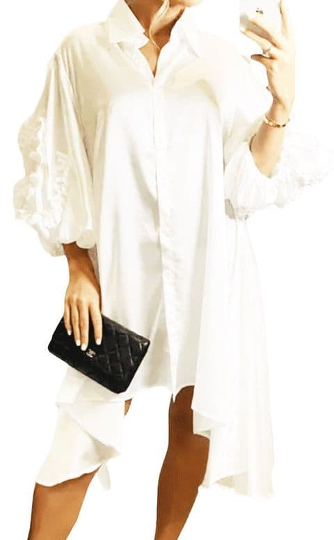 SORELLA FLORAL RUFLE OVERSIZED SHIRT TUNIC DRESS WHITE