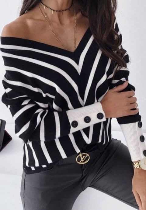 Striped Off Shoulder Knit Black