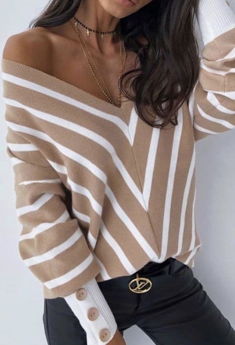 Striped Off Shoulder Knit Camel