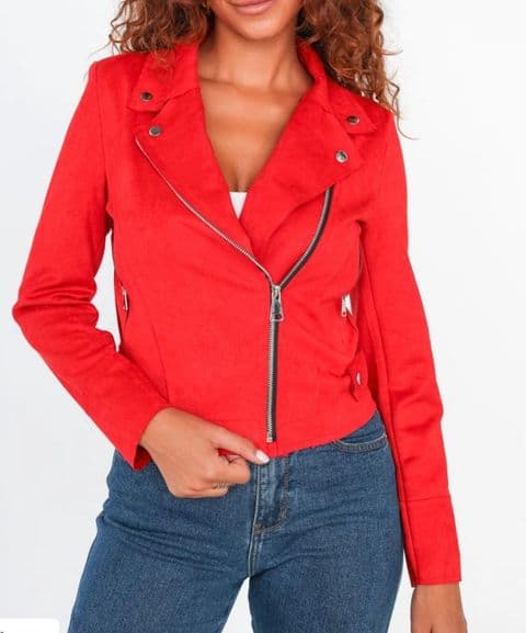 Susie Oversized Suedette Biker Jacket Red