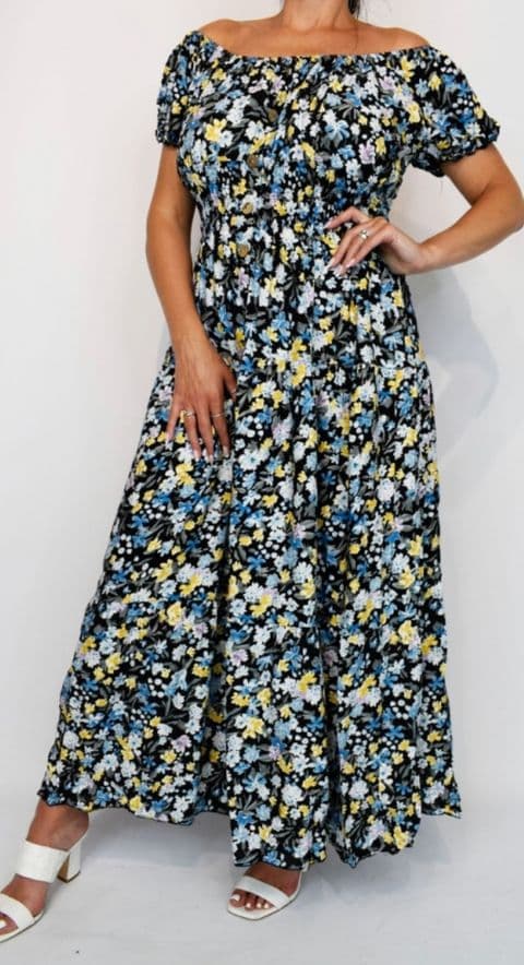 TRISTA BARDOT BUTTON MAXI MAGIC BLUE FLORAL