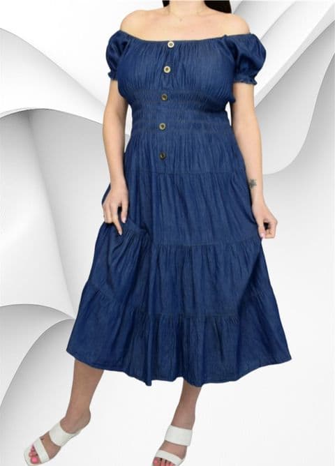 TRISTA MAGIC BARDOT DARK DENIM MIDI DRESS