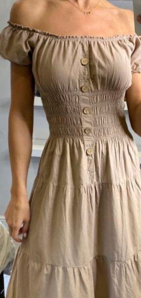 TRISTA MAGIC BARDOT MIDI DRESS BEIGE