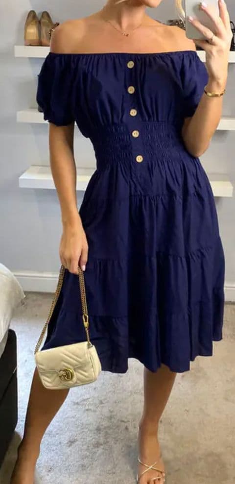 TRISTA MAGIC BARDOT MIDI DRESS DARK BLUE