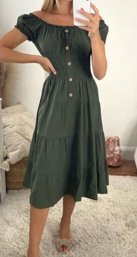 TRISTA MAGIC BARDOT MIDI DRESS KHAKI