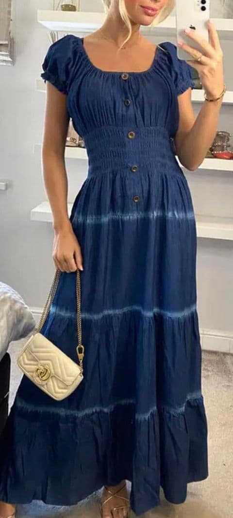 TRISTA MAGIC BARDOT TYE DYE DARK DENIM MAXI DRESS