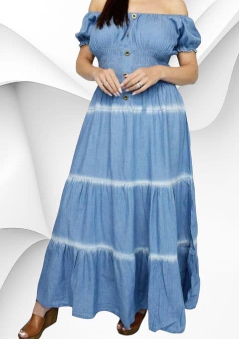 TRISTA MAGIC BARDOT TYE DYE LIGHT DENIM MAXI DRESS