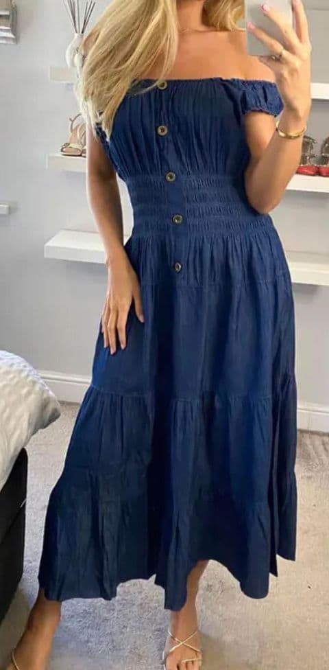 TRISTA MAGIC SLEEVELESS BARDOT DARK DENIM MIDI DRESS