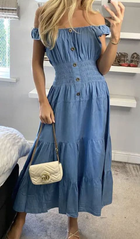 TRISTA MAGIC SLEEVELESS BARDOT LIGHT DENIM MIDI DRESS