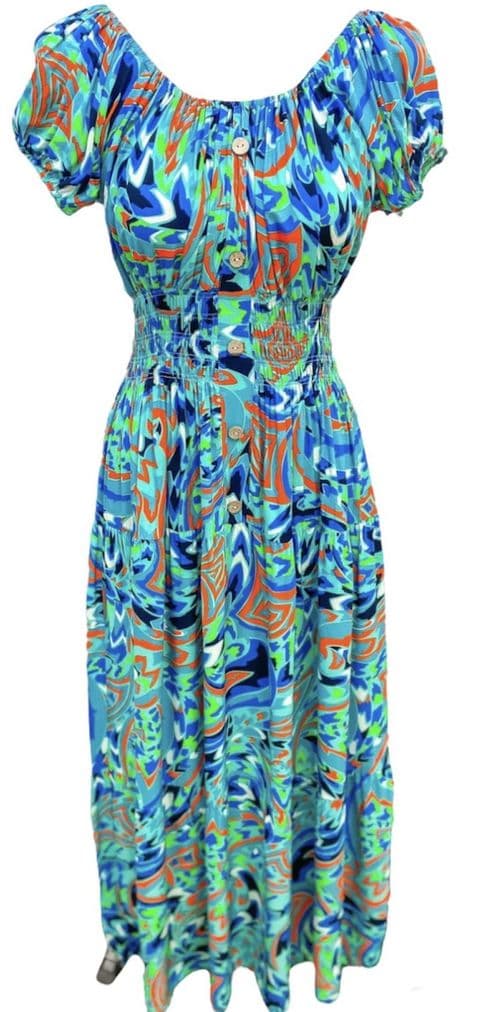 TROPICAL PRINT BARDOT MAGIC MAXI DRESS AQUA