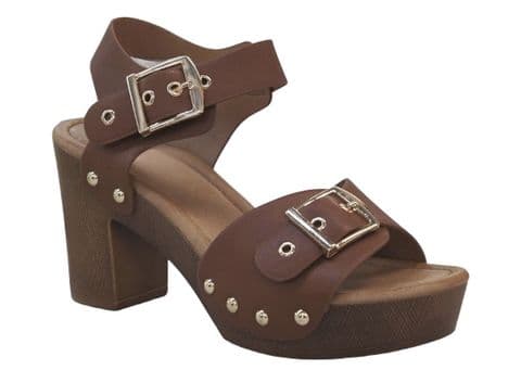 Tuscany Wood Effect Buckle Heels Tan