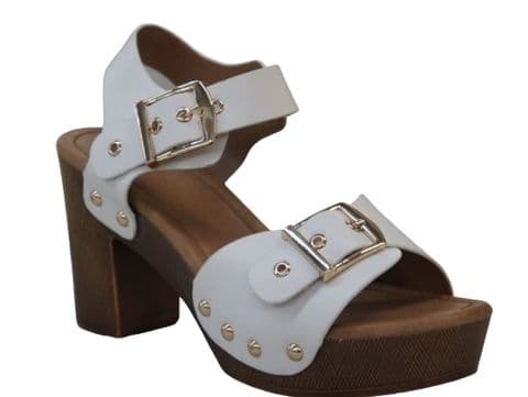 Tuscany Wood Effect Buckle Heels White