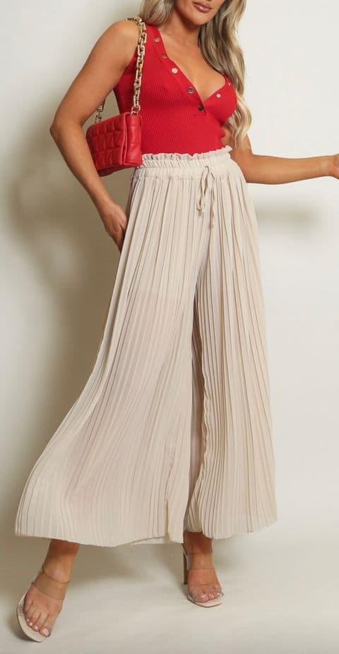 Zuley Pleated Chiffon Palazzo Trousers Beige