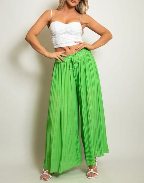 Zuley Pleated Chiffon Palazzo Trousers Lime