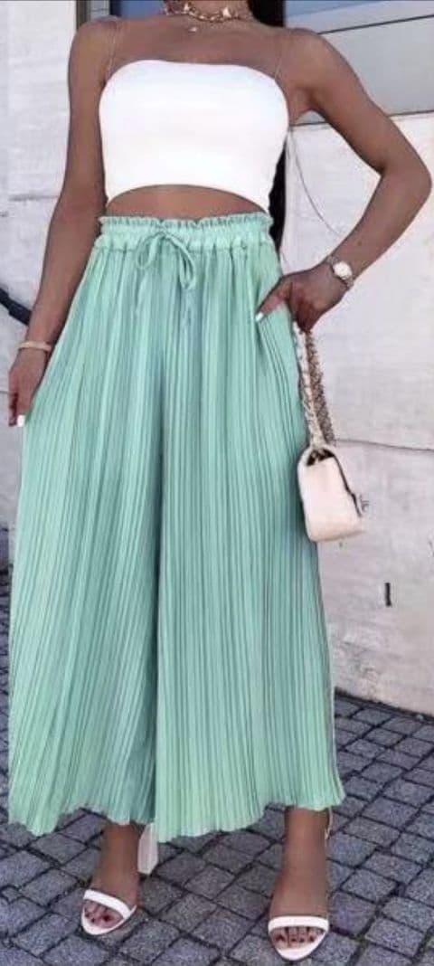 Zuley Pleated Chiffon Palazzo Trousers Mint Green
