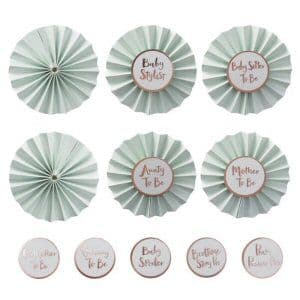 Hello World Baby Shower Badges in Mint and Rose Gold