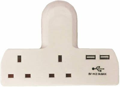 2 Way Gang Multi Plug Extension Mains Socket Adapter with 2x USB Charge Ports