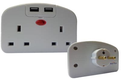 2 Way Gang with 2 USB UK to Europe Travel Adaptor Plug