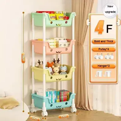 4 Layer Bookshelf Toy Storage Trolley Bookshelf Rack Wheel for Children Room