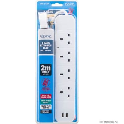 4 WAY GANG EXTENSION LEAD | 2 USB PORTS | 13A | 2M POWER CABLE | 4 SOCKET PLUG