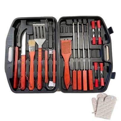 BBQ 20pcs Barbecue Utensil Stainless Steel Wooden Tool Set with Storage Case