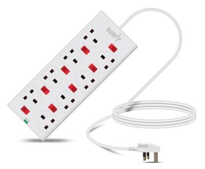 Eagle 8 Gang Way Extension Lead, 2M Power Cable LED Light Switches, Surge Protection, White
