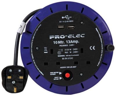 Pro elec 2 Gang Mains Extension Reel, 10M, 2 USB Charging Ports, 13A