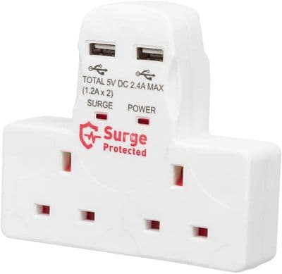 Surge Protected 2 Gang Way, 2 USB Ports 13A Wall Socket Adaptor Plug