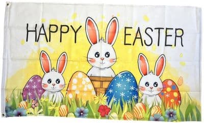 Happy Easter  Bunnies - White  5ft x 3ft Flag
